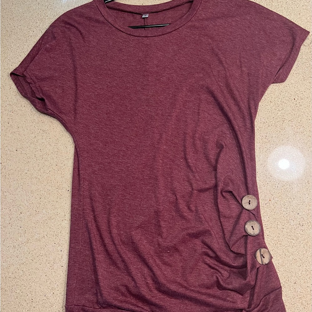 Maroon Heathered Tunic Top with Wooden Button Side Detail